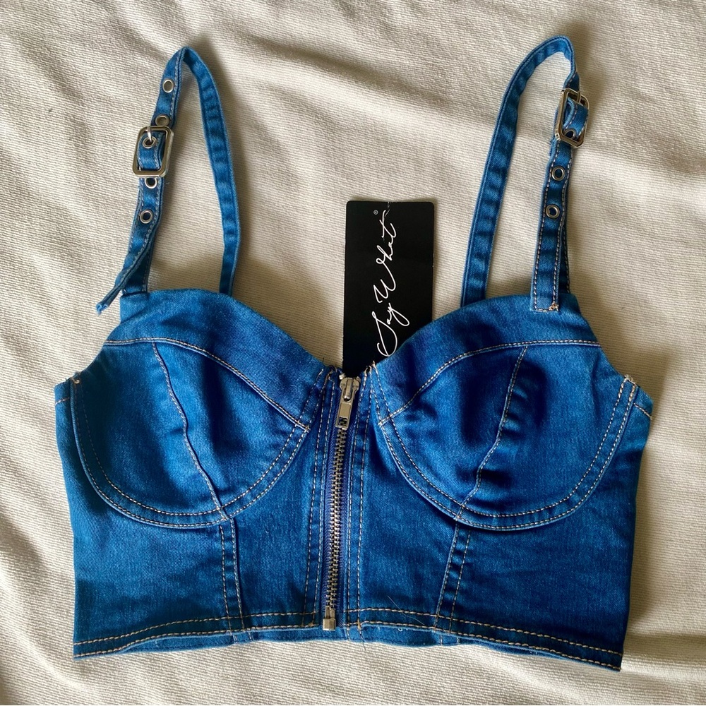 Dolls Kill denim spaghetti strap crop top